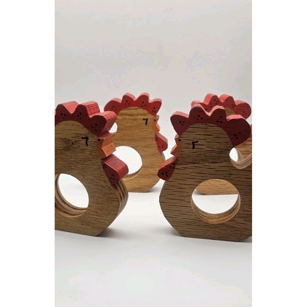 Set of 4 Wood Chicken Napkin Rings Hand Painted Country Farmhouse Decor Vtg